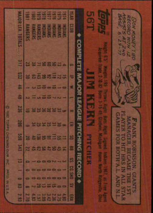 1982 Topps Traded #56T Jim Kern back image