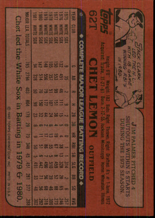 1982 Topps Traded #62T Chet Lemon back image