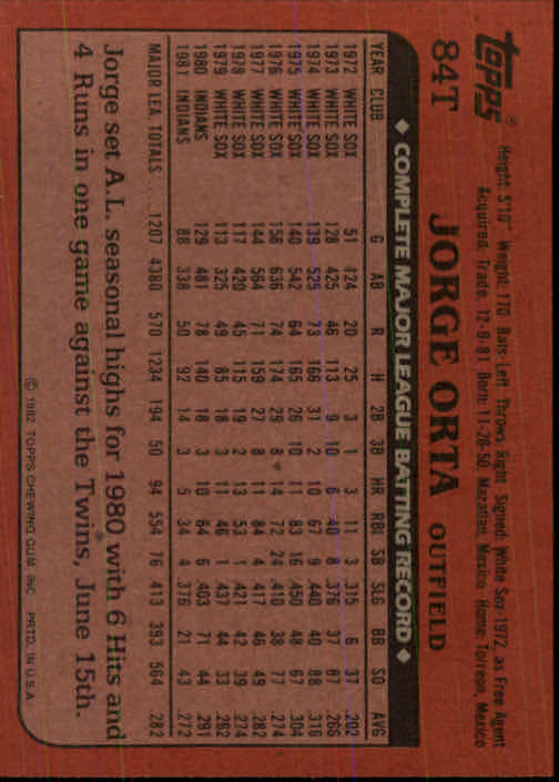 1982 Topps Traded #84T Jorge Orta back image