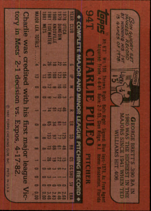 1982 Topps Traded #94T Charlie Puleo back image