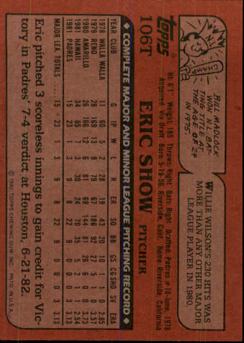 1982 Topps Traded #106T Eric Show XRC back image