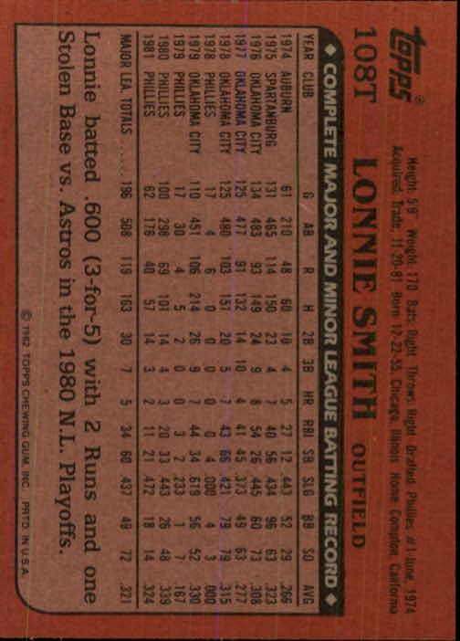 1982 Topps Traded #108T Lonnie Smith back image