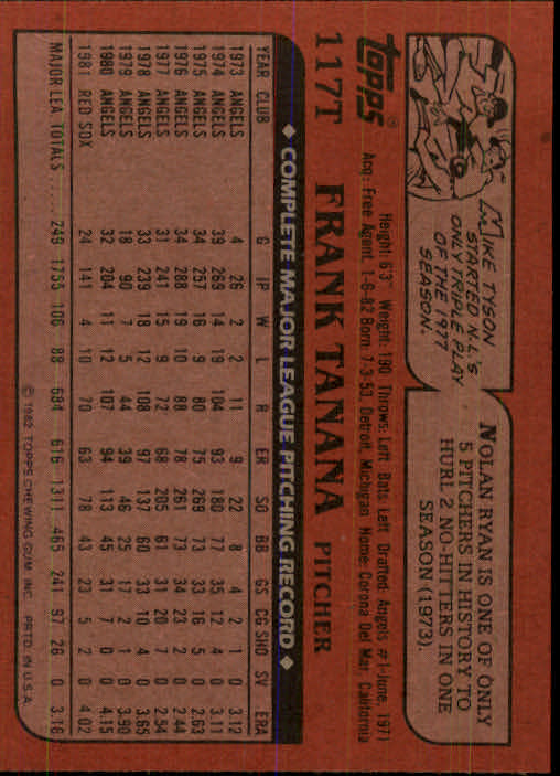1982 Topps Traded #117T Frank Tanana back image