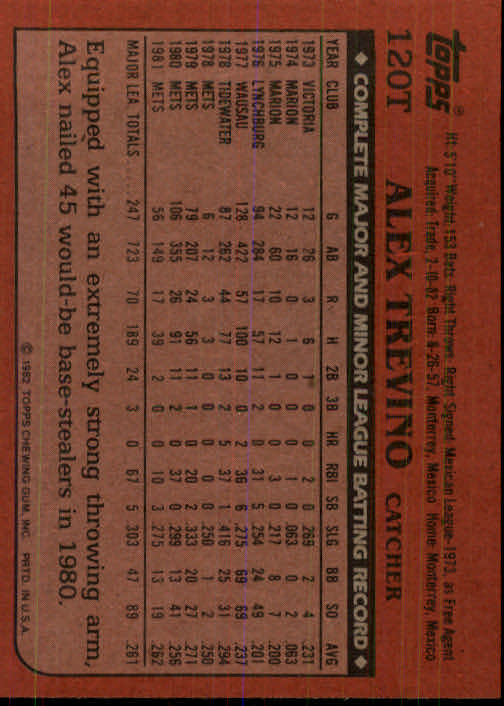 1982 Topps Traded #120T Alex Trevino back image
