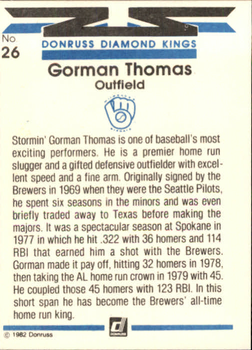 1982 Donruss #26 Gorman Thomas DK back image