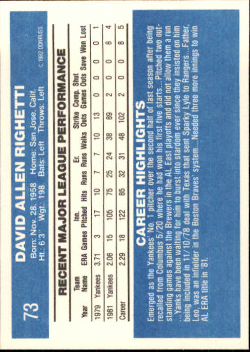 1982 Donruss #73 Dave Righetti RC back image