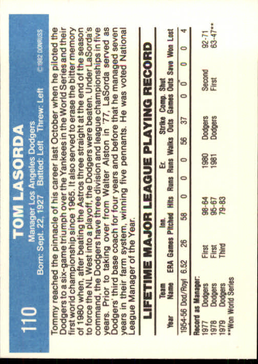1982 Donruss #110 Tom Lasorda MG back image