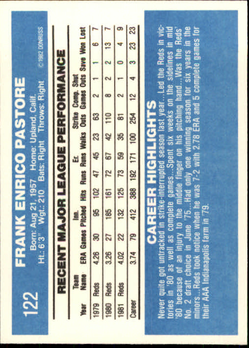 1982 Donruss #122 Frank Pastore back image