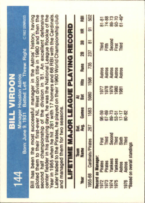 1982 Donruss #144 Bill Virdon MG back image