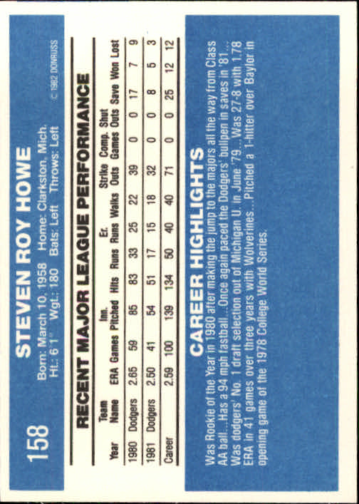 1982 Donruss #158 Steve Howe back image