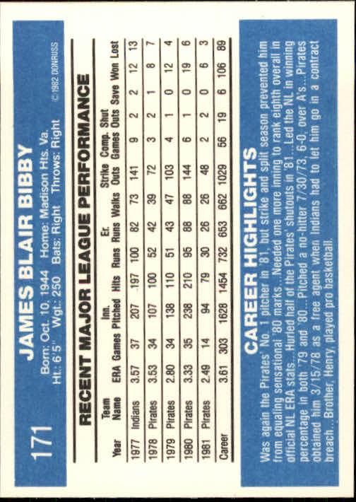 1982 Donruss #171 Jim Bibby back image