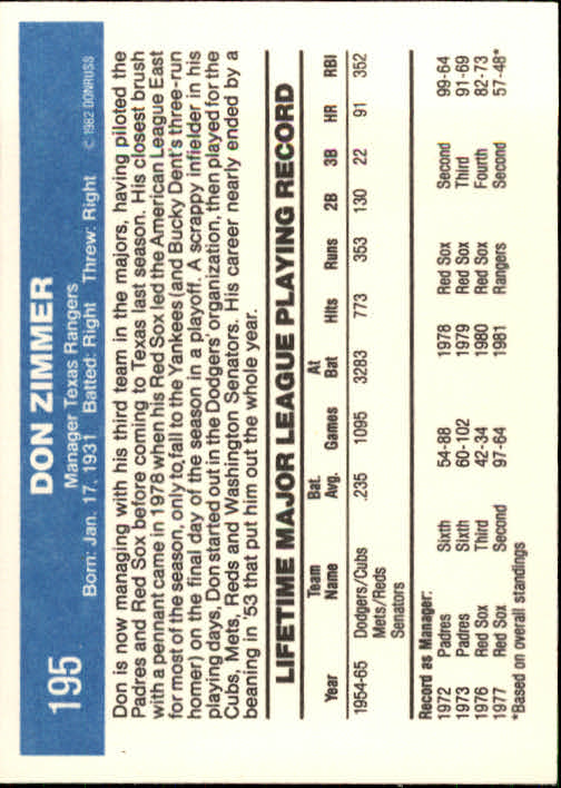 1982 Donruss #195 Don Zimmer MG back image