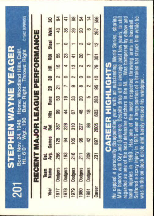 1982 Donruss #201 Steve Yeager back image