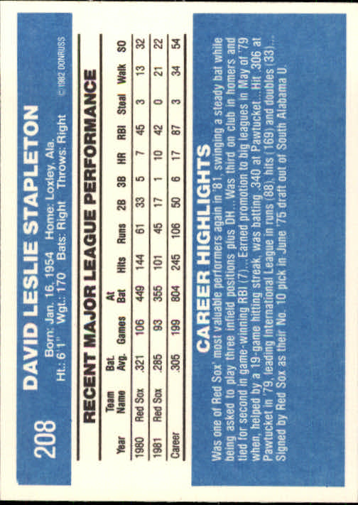 1982 Donruss #208 Dave Stapleton back image