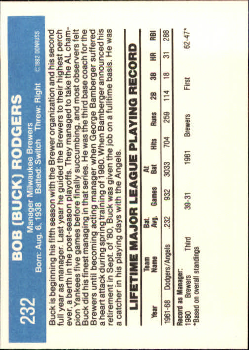 1982 Donruss #232 Bob Rodgers MG back image