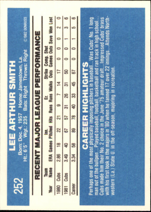 1982 Donruss #252 Lee Smith RC back image