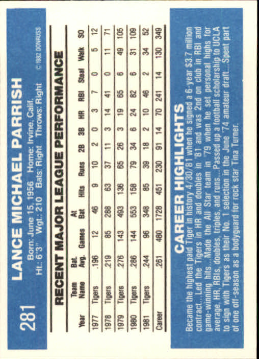 1982 Donruss #281 Lance Parrish back image