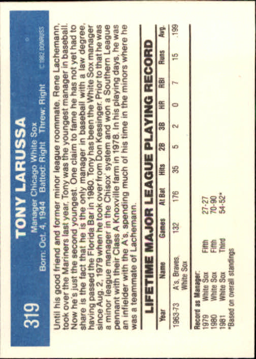 1982 Donruss #319 Tony LaRussa MG back image