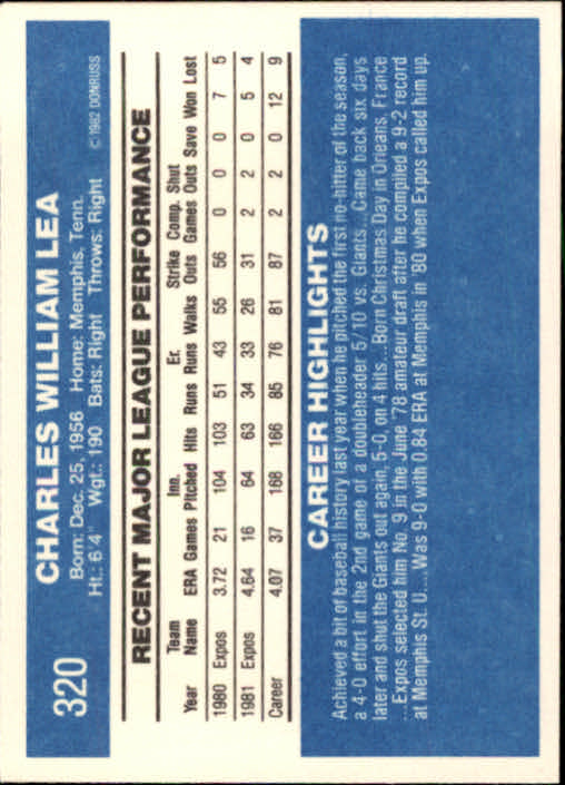 1982 Donruss #320 Charlie Lea back image