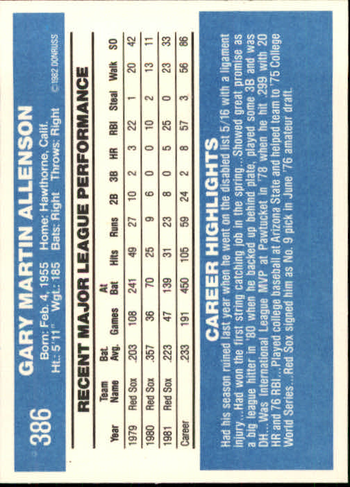1982 Donruss #386 Gary Allenson back image