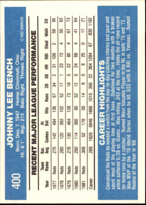 1982 Donruss #400 Johnny Bench back image