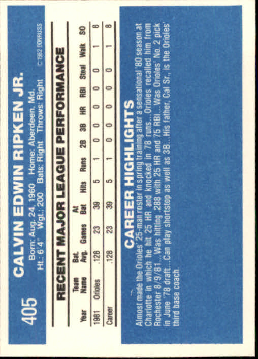 1982 Donruss #405 Cal Ripken RC back image