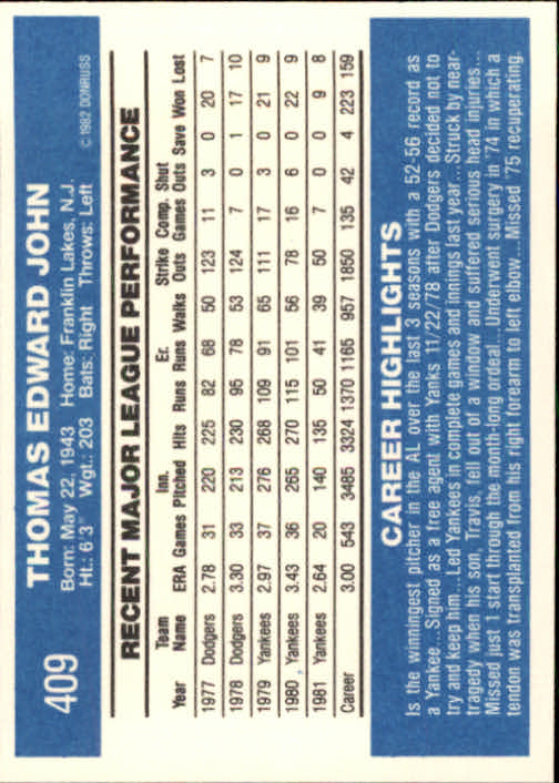 1982 Donruss #409 Tommy John UER/Text says 52-56 as/Yankee, should be/52-26 back image