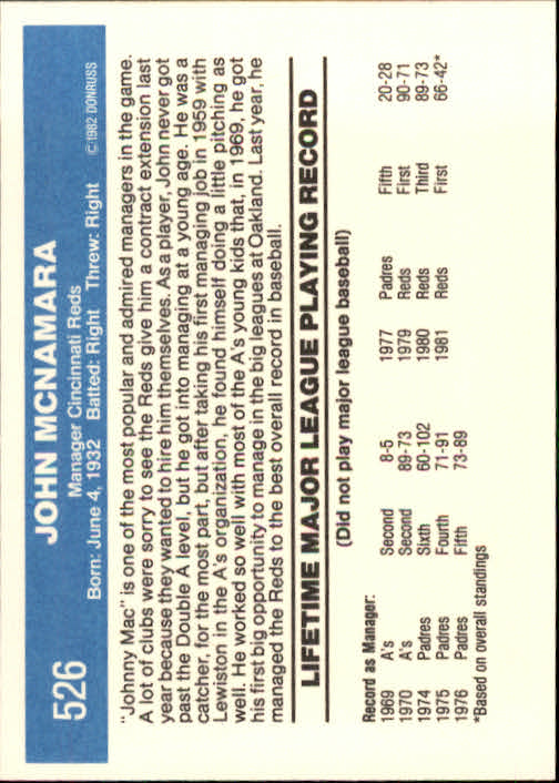 1982 Donruss #526 John McNamara MG back image