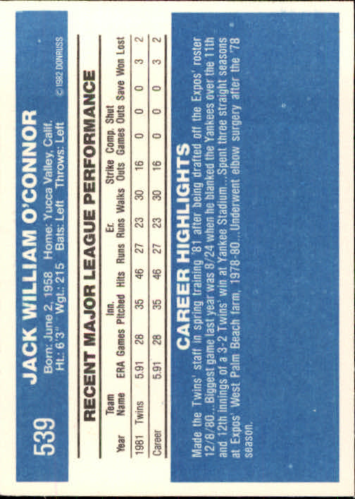 1982 Donruss #539 Jack O'Connor back image