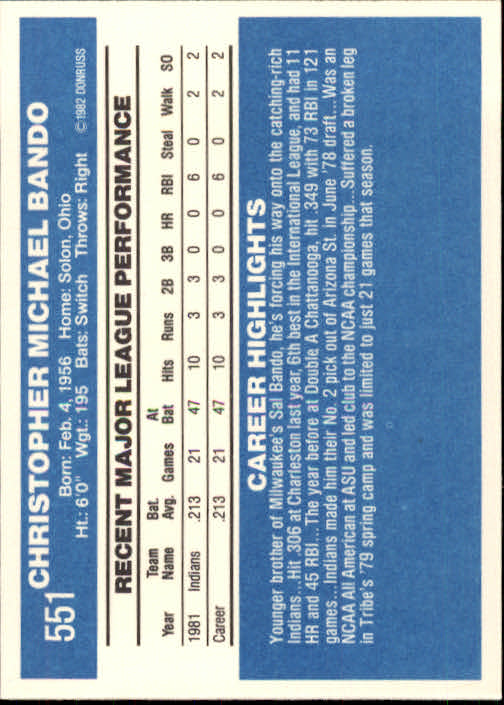 1982 Donruss #551 Chris Bando back image