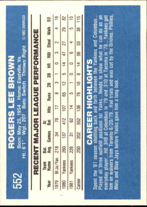 1982 Donruss #552 Bobby Brown back image
