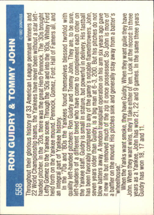 1982 Donruss #558 Ron Guidry/Tommy John back image