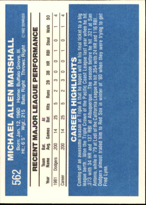 1982 Donruss #562 Mike A. Marshall RC back image