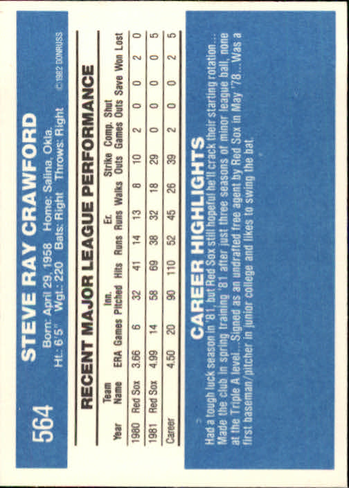 1982 Donruss #564 Steve Crawford back image