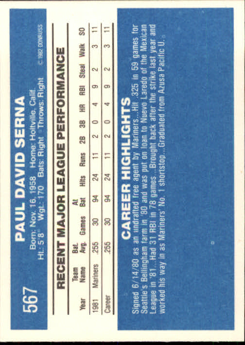 1982 Donruss #567 Paul Serna back image