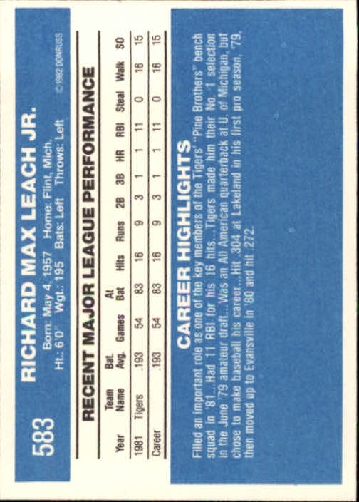 1982 Donruss #583 Rick Leach back image