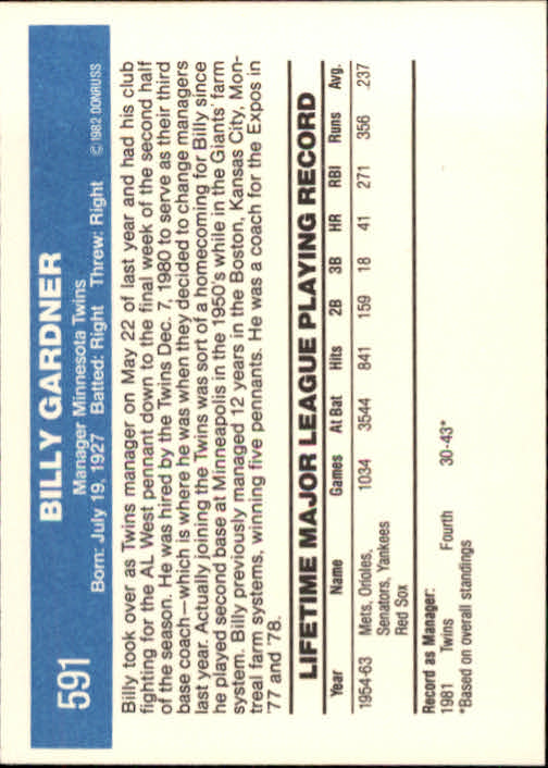 1982 Donruss #591 Billy Gardner MG back image