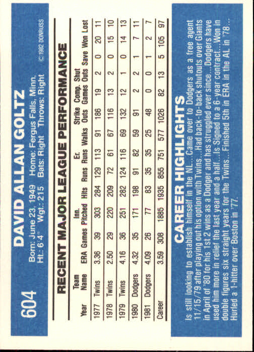 1982 Donruss #604 Dave Goltz back image