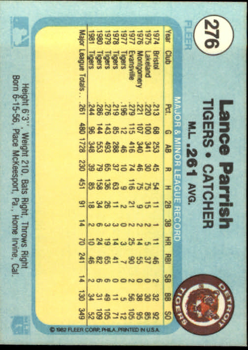 1982 Fleer #276 Lance Parrish back image