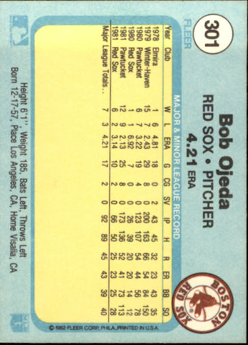 1982 Fleer #301 Bob Ojeda RC back image