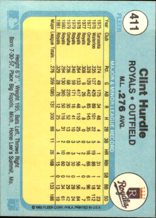 1982 Fleer #411 Clint Hurdle back image