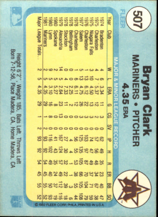 1982 Fleer #507 Bryan Clark RC back image