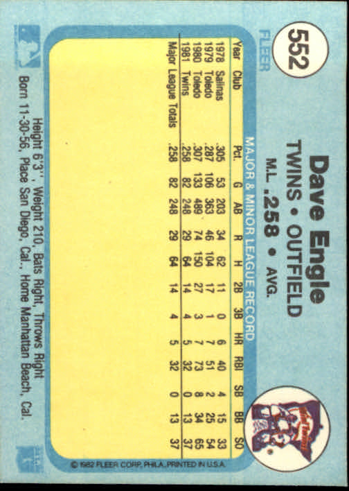 1982 Fleer #552 Dave Engle back image