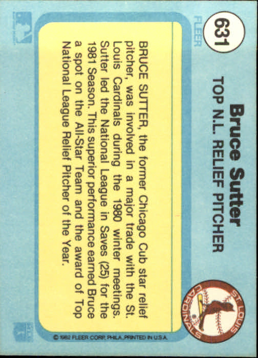 1982 Fleer #631 Bruce Sutter/Top NL Relief Pitcher back image
