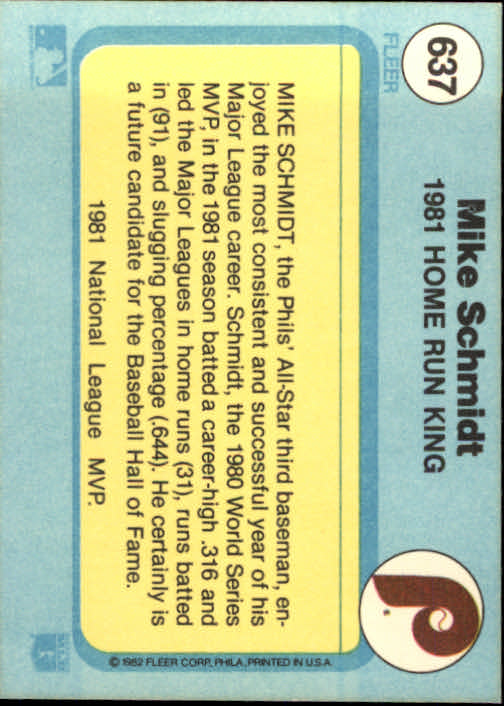 1982 Fleer #637 Mike Schmidt/Home Run King back image