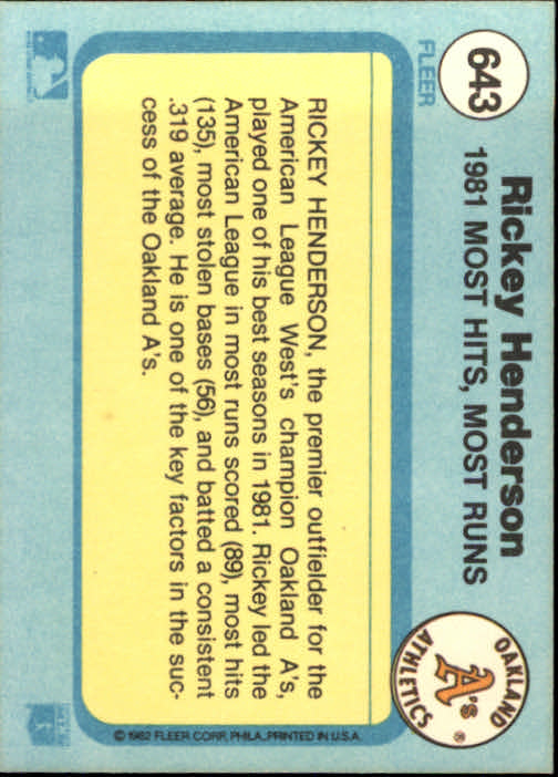 1982 Fleer #643 Rickey Henderson/Most Hits and Runs back image