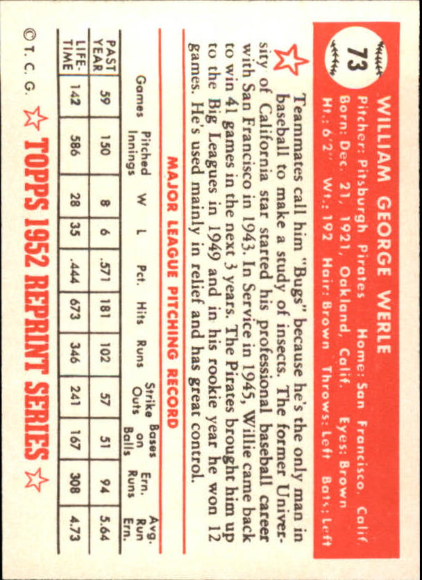 1983 Topps 1952 Reprint #73 Bill Werle back image
