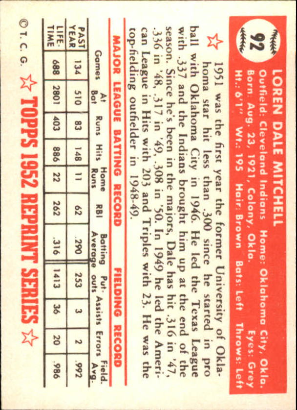 1983 Topps 1952 Reprint #92 Dale Mitchell back image