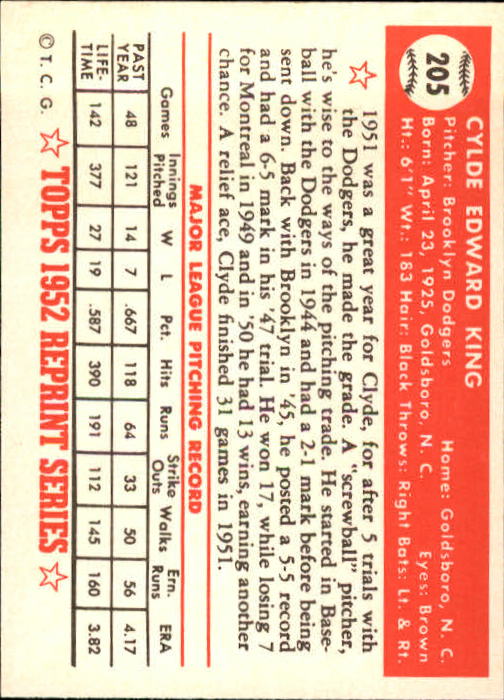 1983 Topps 1952 Reprint #205 Clyde King back image