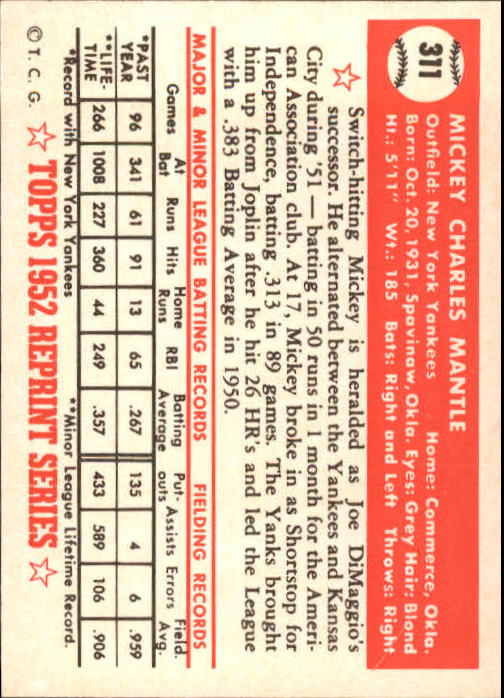 1983 Topps 1952 Reprint #311 Mickey Mantle back image